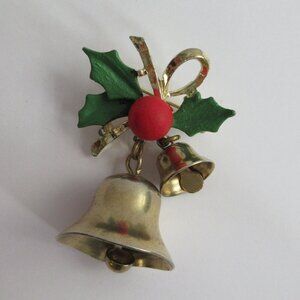 Jingle Bell Christmas Pin Brooch Gold Tone Bells Green Holly Leaves & Red Berry